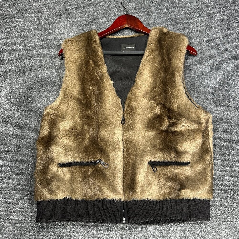 Club Monaco Vest Womens Medium Brown Faux Fur Zip Pockets Ribbed Hem Full Zip
